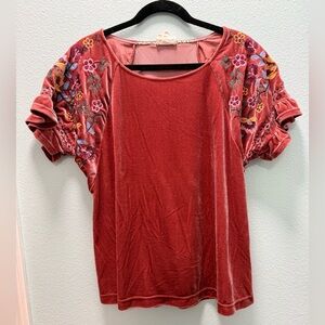 Umgee Red Velvet Blouse with Floral Embroidery Size S